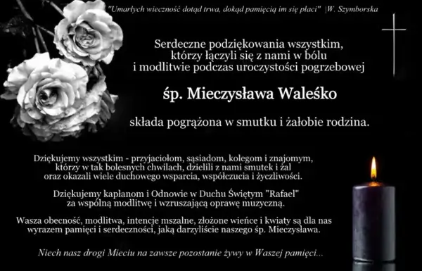 Czarno-białe róże i płonąca świeca. Podziękowania za obecność i modlitwę na pogrzebie śp. Mieczysława Waleśko.