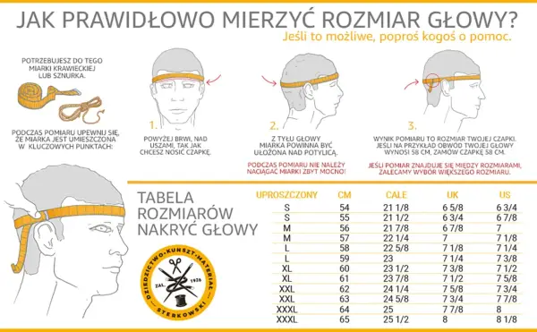 Instrukcja jak zmierzyć obwód głowy. Użyj miarki krawieckiej lub sznurka, umieszczając ją nad brwiami i uszami. Tabela rozmiarów pomoże dobrać czapkę.