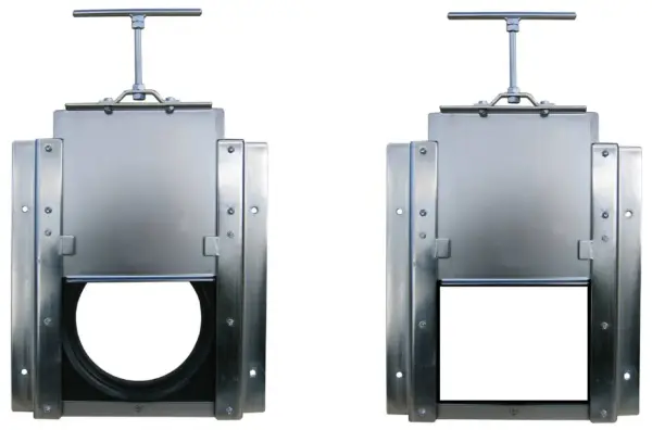 Deux vannes murales guillotine en métal, l'une avec une ouverture ronde, l'autre avec une ouverture rectangulaire.