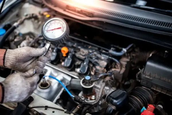 Mechanik sprawdza jakie minimalne ciśnienie sprężania diesel za pomocą manometru.