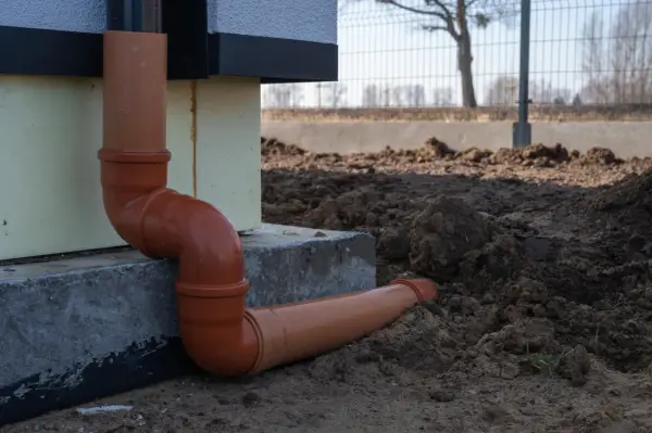 Pomarańczowe rury do odprowadzenia wody z rynien, połączone kolankami, biegną od ściany budynku w kierunku ziemi.