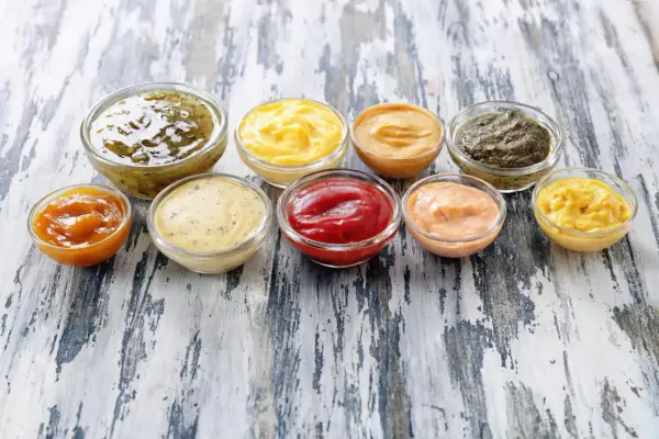 Neuf coupelles de sauces variées, dont le ketchup, la moutarde et des sauces vertes et orangées. Ces sauces sont parmi les 10 sauces les plus utilisées.