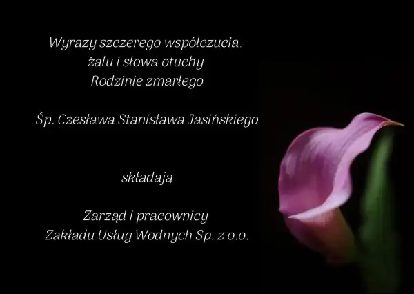 Wyrazy współczucia dla rodziny zmarłego Śp. Czesława Stanisława Jasińskiego. Jak napisać kondolencje? Zarząd i pracownicy Zakładu Usług Wodnych Sp. z o.o. składają.
