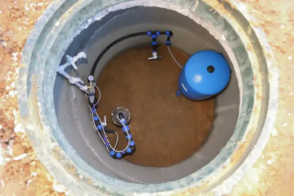 Wnętrze studni głębinowej z niebieskim zbiornikiem hydroforowym i systemem rur. Widać manometr i zawory.