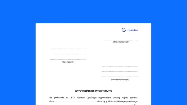 Formularz wypowiedzenie umowy najmu lokalu. Dokument zawiera pola na dane najemcy, wynajmującego, datę i miejscowość.