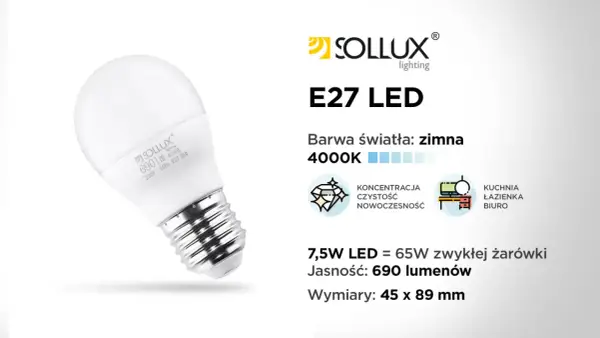 Biała żarówka LED E27 Sollux 7,5W o barwie zimnej 4000K, idealna do kuchni, łazienki i biura. To jeden z rodzajów żarówek energooszczędnych.