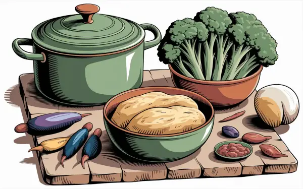 Préparation des pâtes aux brocolis à la sicilienne : brocolis frais, pâtes, aubergines, piments et une cocotte.