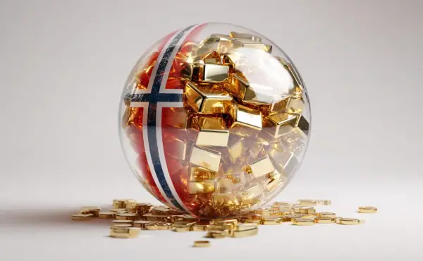 Kugel mit norwegischer Flagge, gefüllt mit Goldbarren. Symbolisiert den norwegischen Staatsfonds ETF.