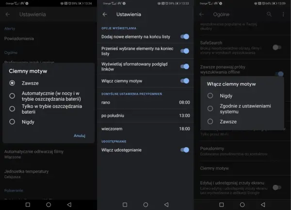 Ustawienia telefonu z włączonym ciemnym motywem Google. Wybór opcji: Zawsze, Automatycznie, Tylko w trybie oszczędzania baterii lub Nigdy.