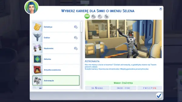 Wybór kariery dla Simki Seleny w Sims 4: astronautka. Marzy o kosmosie i międzygwiezdnych podróżach.