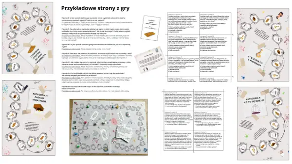 Plansza gry planszowej z pytaniami i ilustracjami w klatkach.