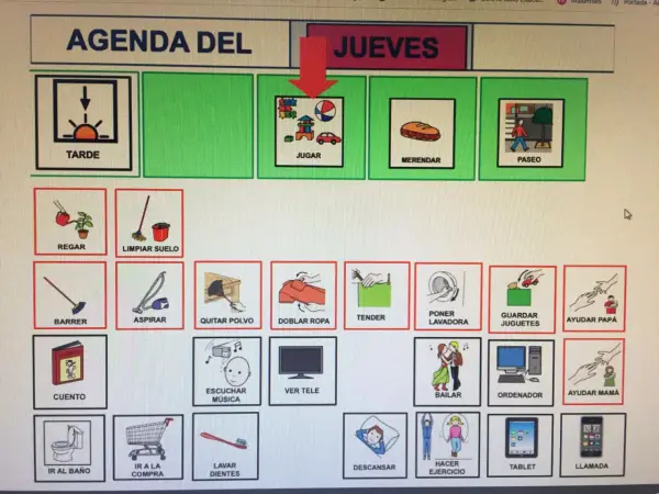 Calendario de rutinas para niños con TDAH: Jueves. Incluye actividades como jugar, merendar, pasear, regar, limpiar, barrer, aspirar, quitar polvo, doblar ropa, tender, poner lavadora, guardar juguetes, leer cuento, escuchar música, ver tele, bailar, o...