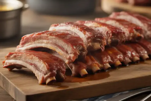 Des travers de porc marinés, prêts pour une délicieuse recette.