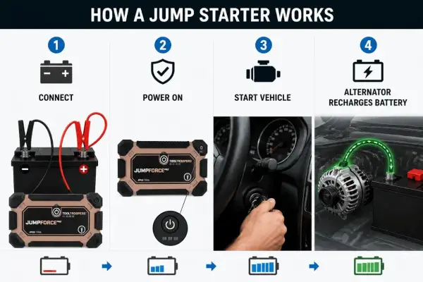 A portable jump starter can start a completely dead battery by connecting, powering on, starting the vehicle, and then the alternator recharges the battery.