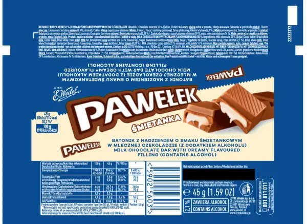 Batonik Pawełek śmietankowy z alkoholem. Czy dzieci mogą jeść pawełki? Produkt zawiera alkohol, nieodpowiedni dla dzieci.
