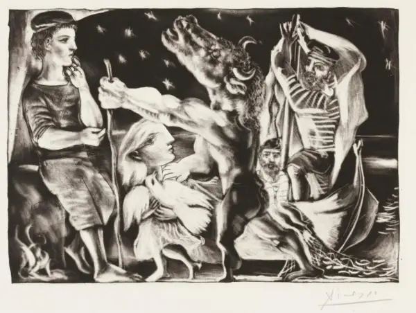 Picasso's Blaue Periode: Ein Mann mit Stier und Taube, ein Fischer im Boot. Düstere Szene unter Sternen.