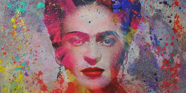A vibrant, abstract portrait of Frida Kahlo, reminiscent of a Diego Rivera self-portrait, with bold colors and glitter.