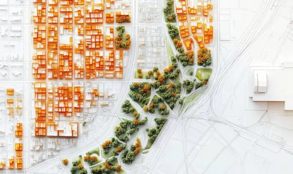 Model miasta z pomarańczowymi budynkami i zielonymi terenami. Widoczny plan ogólny z drogami i ścieżkami.