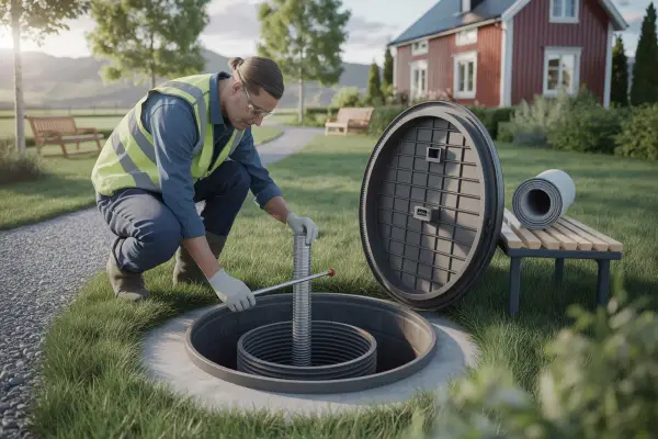 Arbetare inspekterar en trekammarbrunn. En nyckelfaktor för att förstå trekammarbrunn kostnad är installationen.