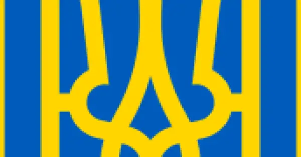 Symbol Trójzębu na tle niebiesko-żółtym, symbolizującym barwy Ukrainy.