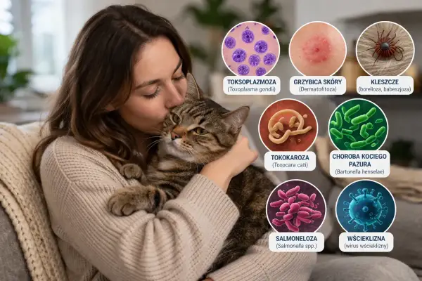Kobieta tuli kota, a obok grafiki przedstawiające choroby od kota: toksoplazmozę, grzybicę, kleszcze, tokarozę, chorobę kociego pazura, salmonellę i wściekliznę.