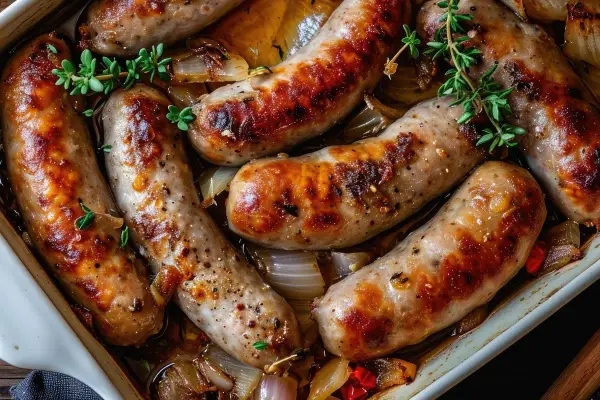 Pieczona biała kiełbasa - soczysta i idealnie zrumieniona