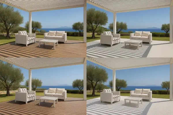Quatre vues d'une pergola blanche avec salon extérieur, offrant une vue sur la mer. Idéal pour fermer une pergola et profiter de l'extérieur.