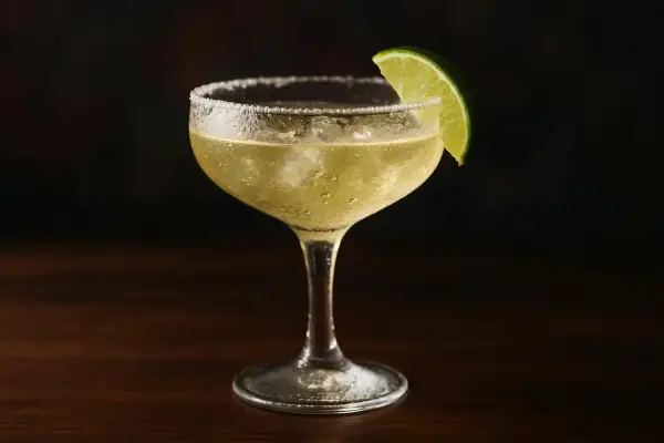 En kyld margarita med saltkant och limeklyfta. Perfekt för ett enkelt margarita recept.