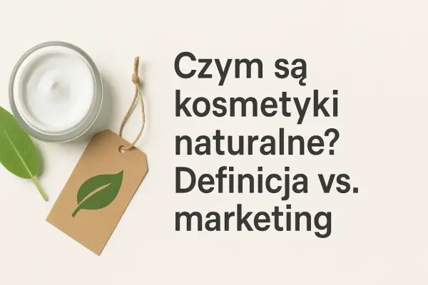 Słoik kremu, liść i etykieta z symbolem liścia. Tekst: "Czym są kosmetyki naturalne? Definicja vs. marketing". Fitokosmetik.