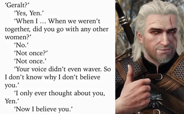 Geralt z Rivii, dając kciuk w górę, potwierdza swoje uczucia. Te wiedźmin cytaty pokazują jego wierność.