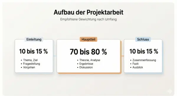 Aufbau der Projektarbeit: Einleitung (10-15%), Hauptteil mit Theorie, Analyse, Ergebnissen (70-80%), Schluss (10-15%).