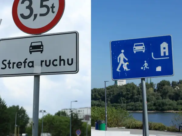Znak "Strefa ruchu" z ikoną samochodu i znak niebieski z piktogramami ruchu drogowego i pieszych.