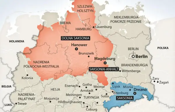 Mapa Niemiec z zaznaczonymi regionami. Gdzie leży Saksonia? Na wschodzie, obok Drezna i Lipska.