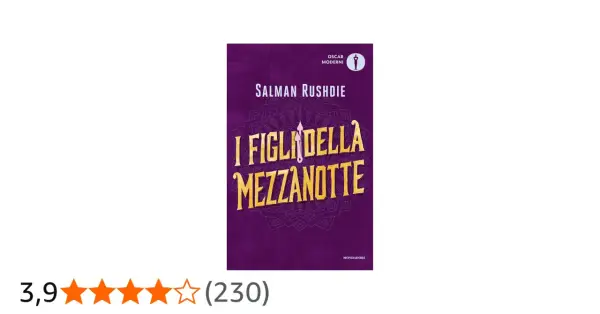 Copertina del libro "I figli della mezzanotte" di Salman Rushdie, con un disegno stilizzato e il titolo in oro.