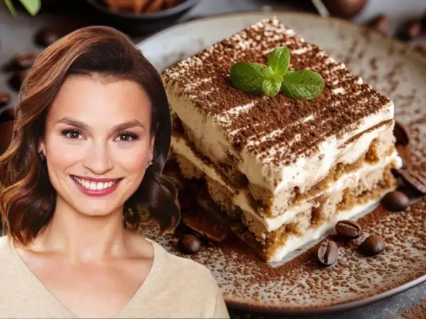 Uśmiechnięta kobieta obok pysznego tiramisu bez alkoholu, posypanego kakao i z listkiem mięty.