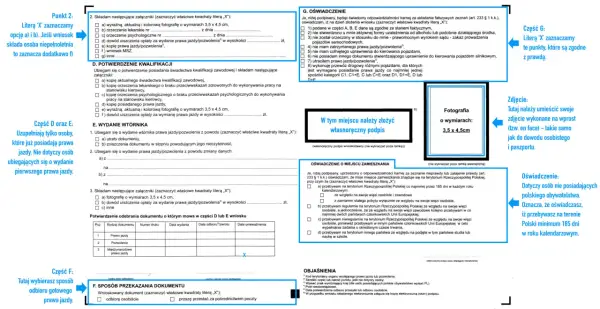 Formularz wniosku o wydanie prawa jazdy, z zaznaczonym polem "numer pkk" i miejscem na zdjęcie.