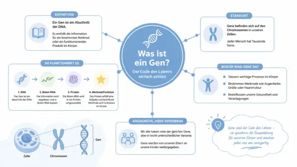 Ein Gen ist ein DNA-Abschnitt, der Merkmale bestimmt. Dieser phänotypische Code wird von Eltern an Kinder weitergegeben und macht jeden einzigartig.