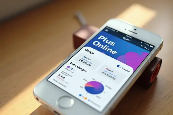 Na ekranie telefonu widać aplikację "Plus Online", która pokazuje statystyki zużycia danych. Idealna, by sprawdzić, jaka taryfa Plus będzie najlepsza.