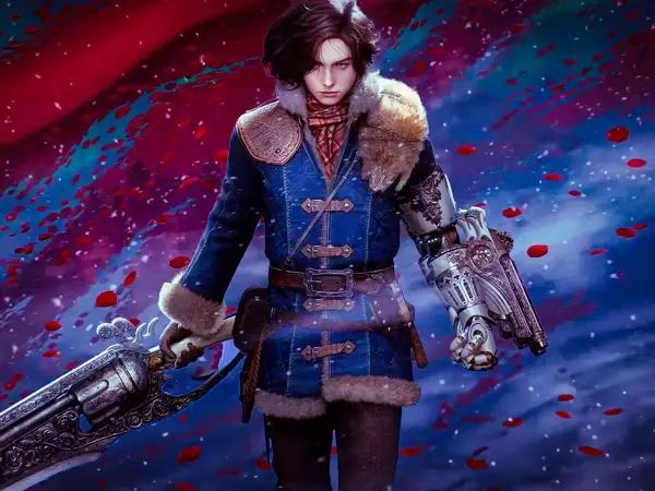 Joven con brazo mecánico y arma antigua, rodeado de pétalos rojos. ¿Será esta la aventura que trae el dlc Lies of P?