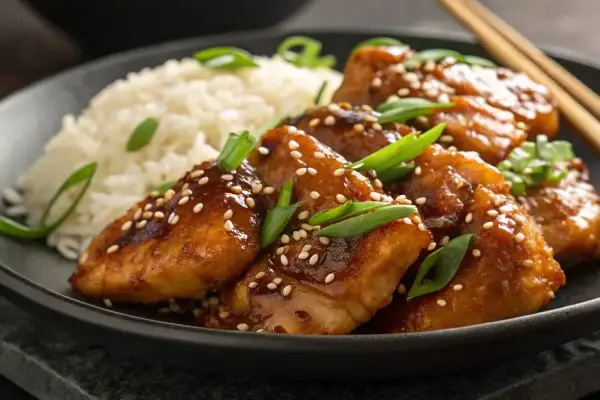 Délicieux poulet au miel glacé, parsemé de graines de sésame et d'oignons verts, servi avec du riz blanc.
