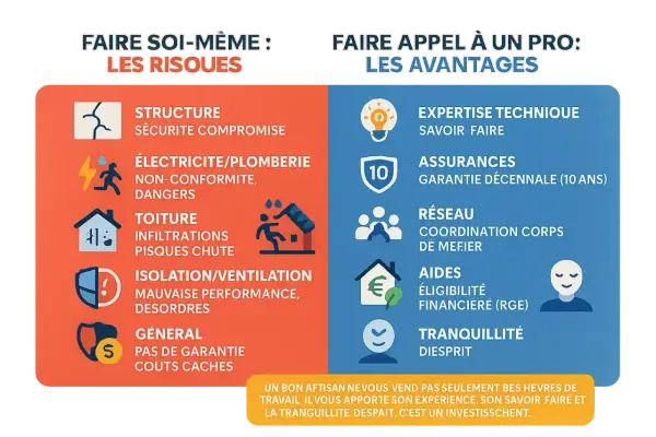 Comparaison des risques du bricolage pour rénover une maison et des avantages de faire appel à un professionnel.