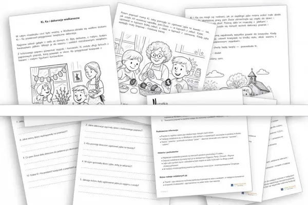 Karty pracy dla dzieci z wielkanocnymi zadaniami i ilustracjami. Dzieci ozdabiają dom, gotują jajka i tworzą świąteczne dekoracje.
