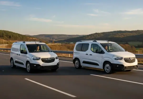 Dos furgonetas panel blancas circulan por una carretera con colinas boscosas al fondo.