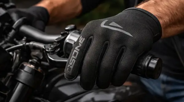 Mano con guanto da moto nero, logo "ONE" in evidenza. Scopri come lavare guanti moto per mantenerli al meglio.