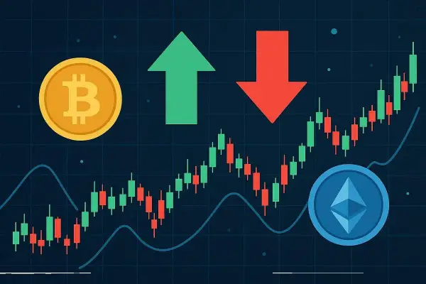 Wykresy świecowe pokazujące zmienność cen kryptowalut, z ikonami Bitcoina i Ethereum. Zielona strzałka w górę i czerwona w dół symbolizują sygnały kryptowalut.