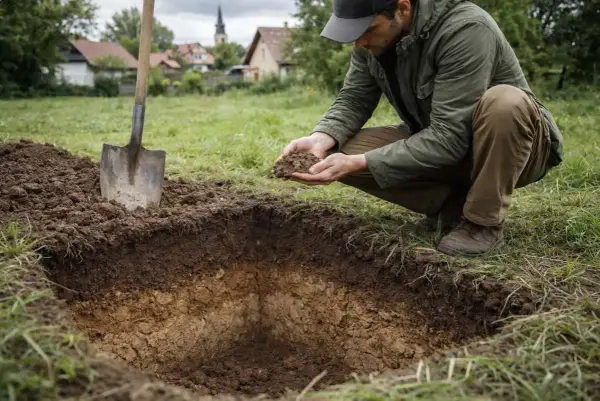 Mężczyzna bada gleby pochodzenia mineralnego, trzymając grudkę ziemi w dłoniach. Obok stoi łopata.