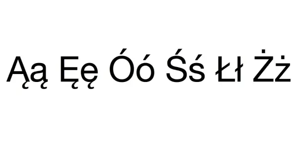 Wielkie i małe polskie znaki: Ąą, Ęę, Óó, Śś, Łł, Żż.