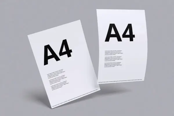 Dwa białe arkusze papieru w formacie **a4** z dużym czarnym napisem "A4" i tekstem.