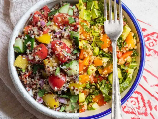 Ensalada de quinoa vibrante con tomates, pepino, pimientos y hierbas frescas. Un tenedor plateado descansa sobre la colorida mezcla.