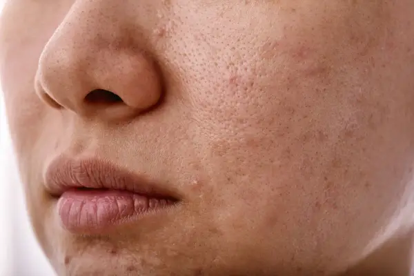 Skóra z widocznymi porami i niedoskonałościami. Nadmiar sebum może prowadzić do takich zmian.